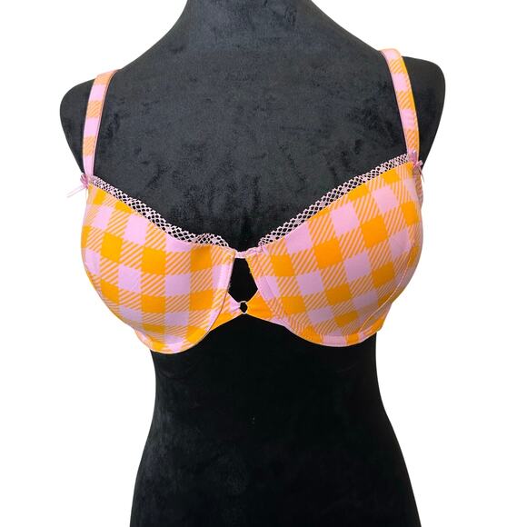 Savage X Fenty Other - Savage X Fenty Bra 36DD Pink Orange Gingham Balconette Lace Trim Rihanna Retro